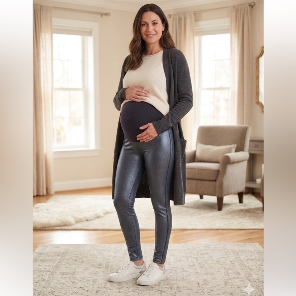 NWT SPANX Mama Maternity Faux Leather Leggings in Very Black Sz L compression